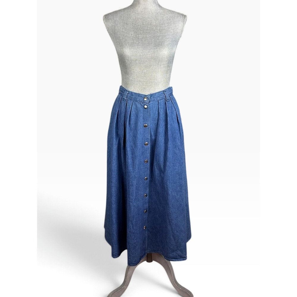 Vintage 90s Venezia Denim Maxi Skirt Button Front Pleated Jean A-Line, Size 7/8